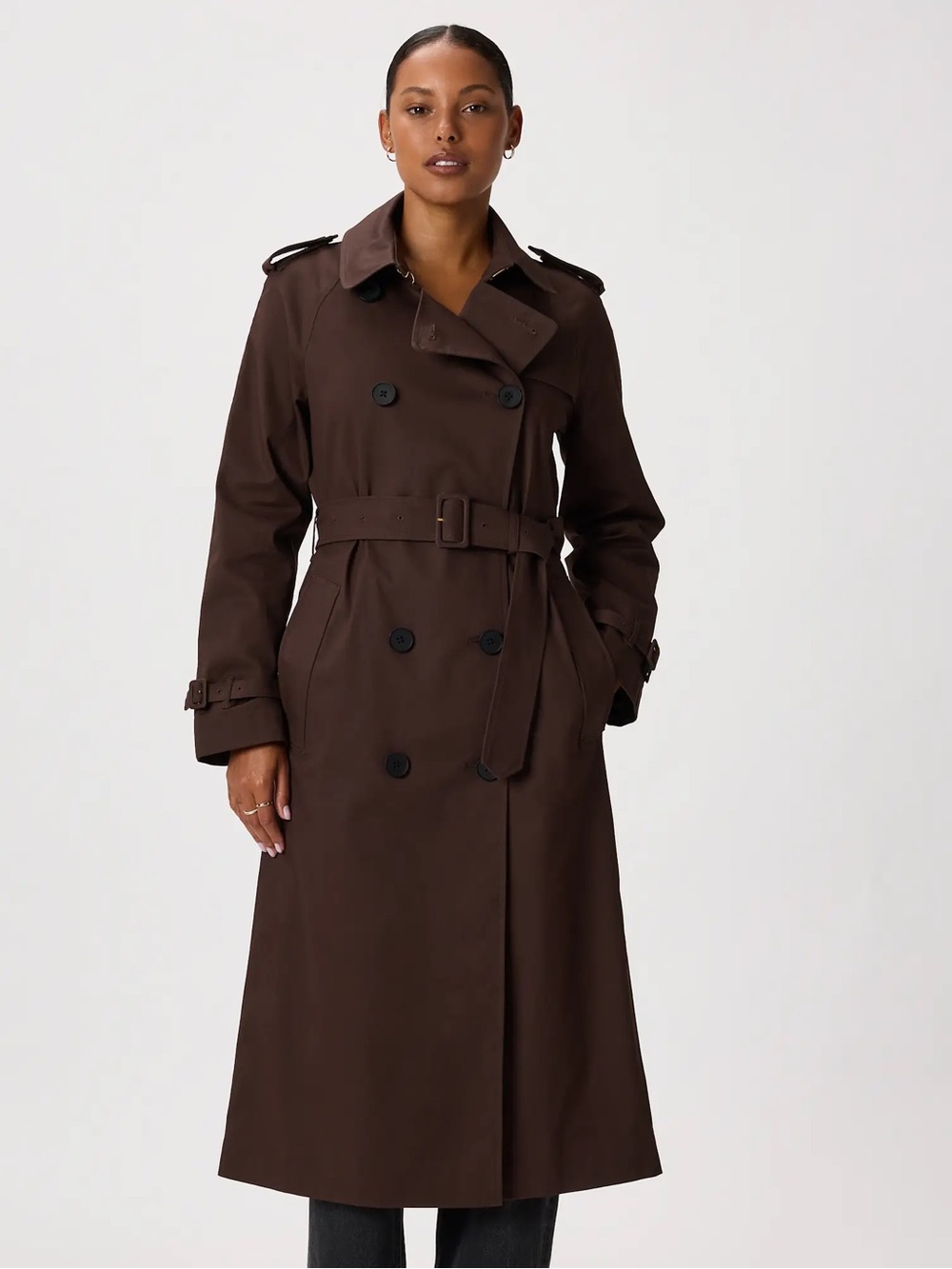 Quince Brown Comfort Stretch Long Trench Coat size M - Picture 2 of 10